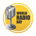 World radio day lettering with isometric realistic retro microphone logo